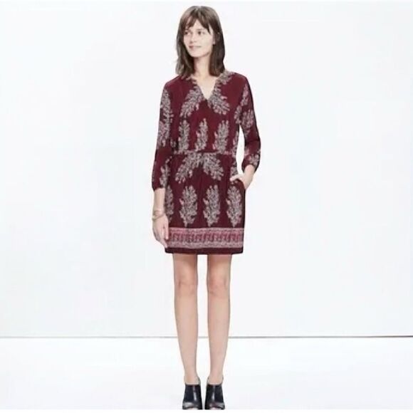 Madewell Silk Lassi Floral Popover Dress Burgundy Size 0 - Picture 8 of 8